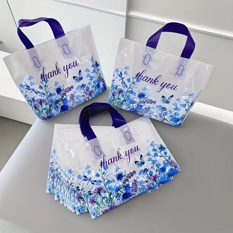 10/20 Stück lila blaue Schmetterlings-Blumen-Dankeschön-Geschenktüten, elegante Einkaufstaschen aus Kunststoff mit „Danke“-Aufdruck, Handgriff