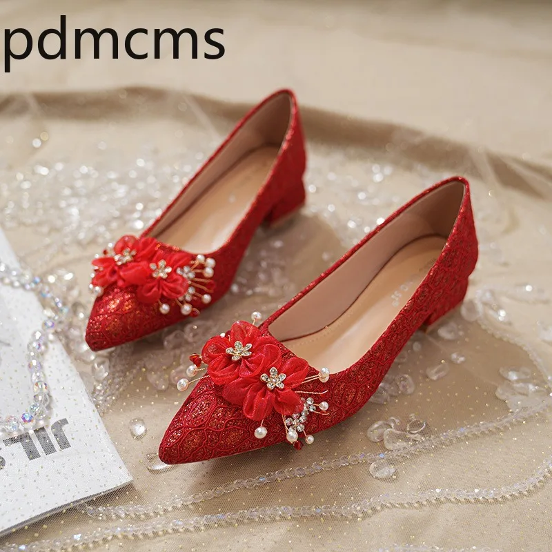 Women's Pumps High End Red Wedding Shoes for Women Brand French High Heels Coarse Heeled Plus Size Women's Shoes Sapato Feminino