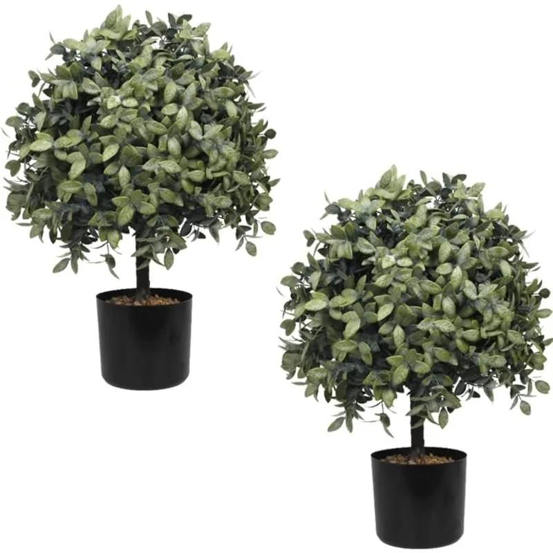 

Artificial Topiaries for Front Porch Set of Two Fake Shrub Plants (23" T,13" D)-Faux Boxwood Ball Tree Potted Indoor and Outdoor