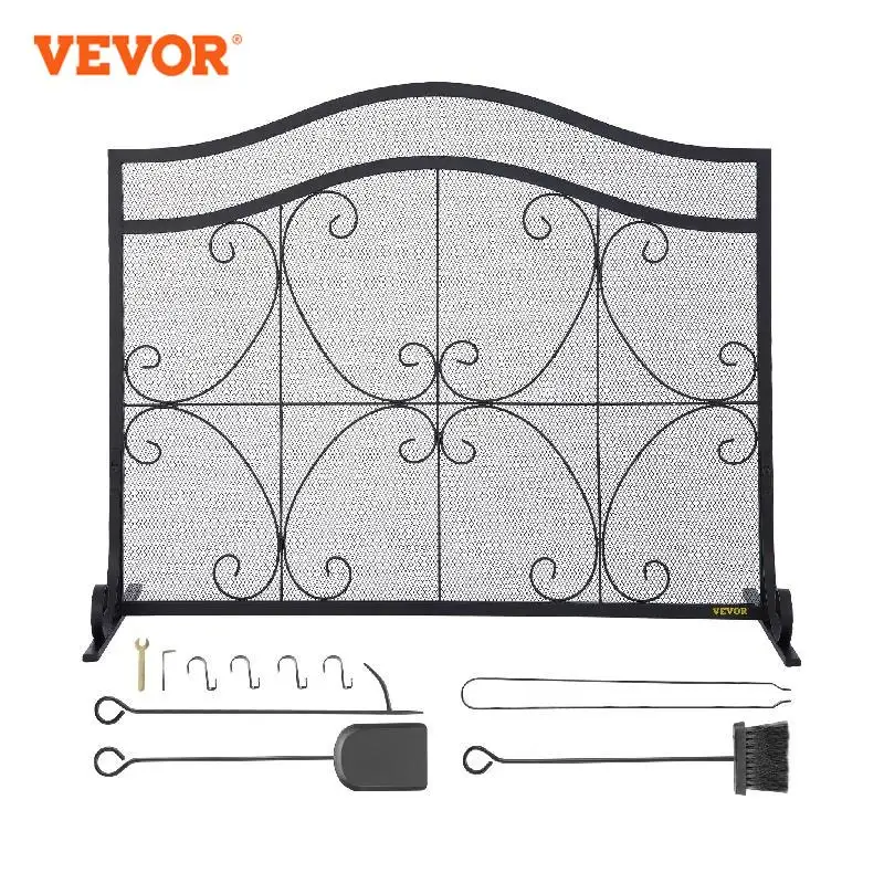 VEVOR Fireplace Screen 38 x 26.5 inch Fire Guard Screen with Metal Mesh Craft Broom Tong Shovel Poker Black