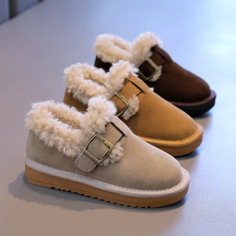 Kids Faux‑Suede Sherpa‑Lined Winter Moccasin Shoes, Adjustable Metal Buckle Strap Flat Warm Kids Winter Shoes