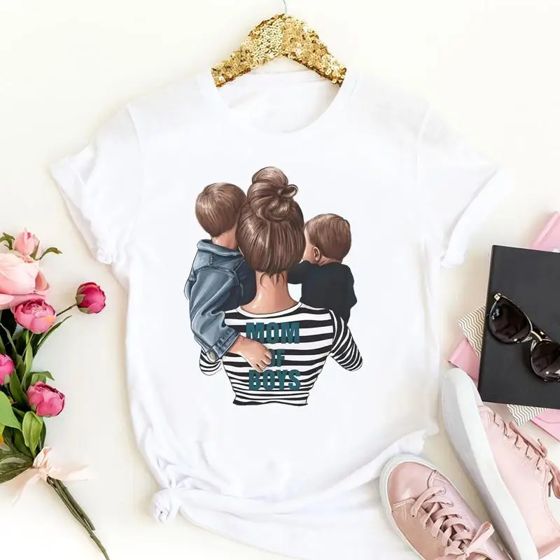 

Women Tees Tops Striped Lovely Mom Son Mother Mama Cartoon Fashion Short Sleeve Summer Wear Vacation Tshirts Graphic T-Shirt