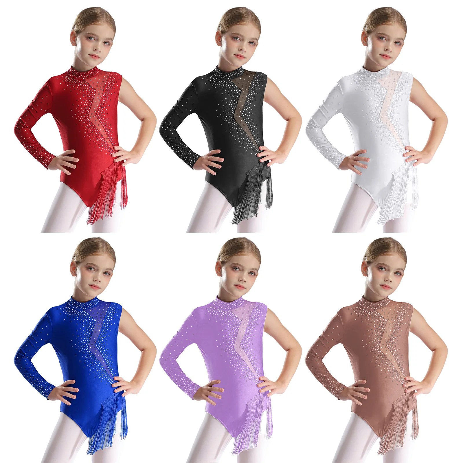 Girls Kids One Shoulder Long Sleeve Rhythmic Gymnastic Leotards Tassel Latin Yoga Figure Ice Skating Ballet Bodysuit Dress