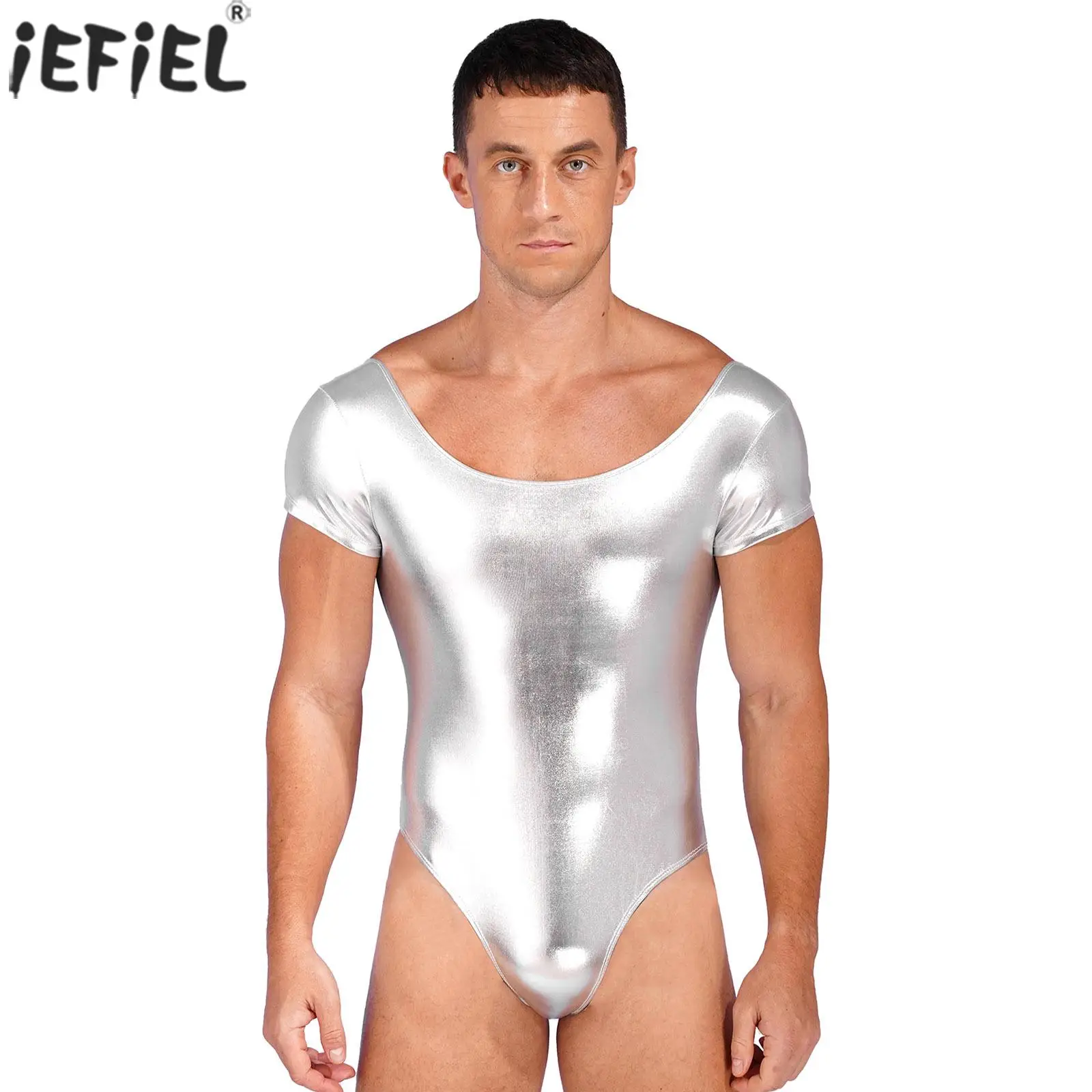 

One Piece Mens Shiny Patent Leather Bodysuit Smooth Swimsuit Short Sleeve High Cut Leotard for Beach Bathing Swimwear