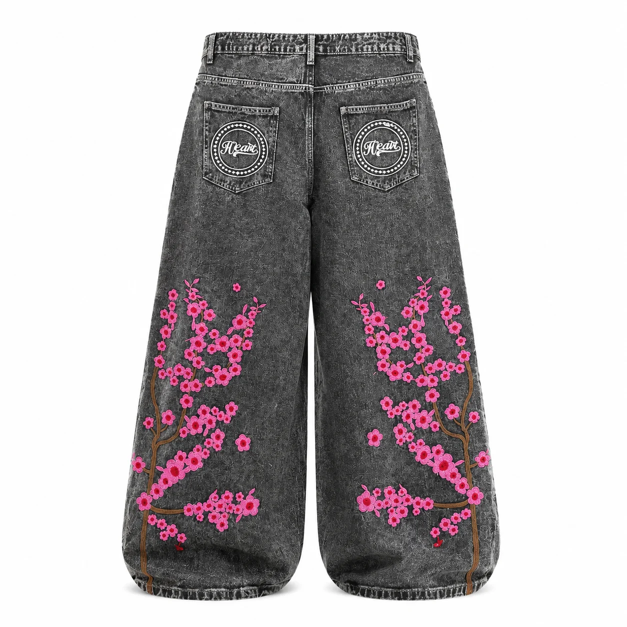 UP.THE Men Baggy Wide Leg Jeans, Vintage Washed Black Gray Denim Pants, Y2K Loose Cherry Blossom Embroidery Heart Letter Print Streetwear Jeans for Daily Hip Hop Casual Outfits