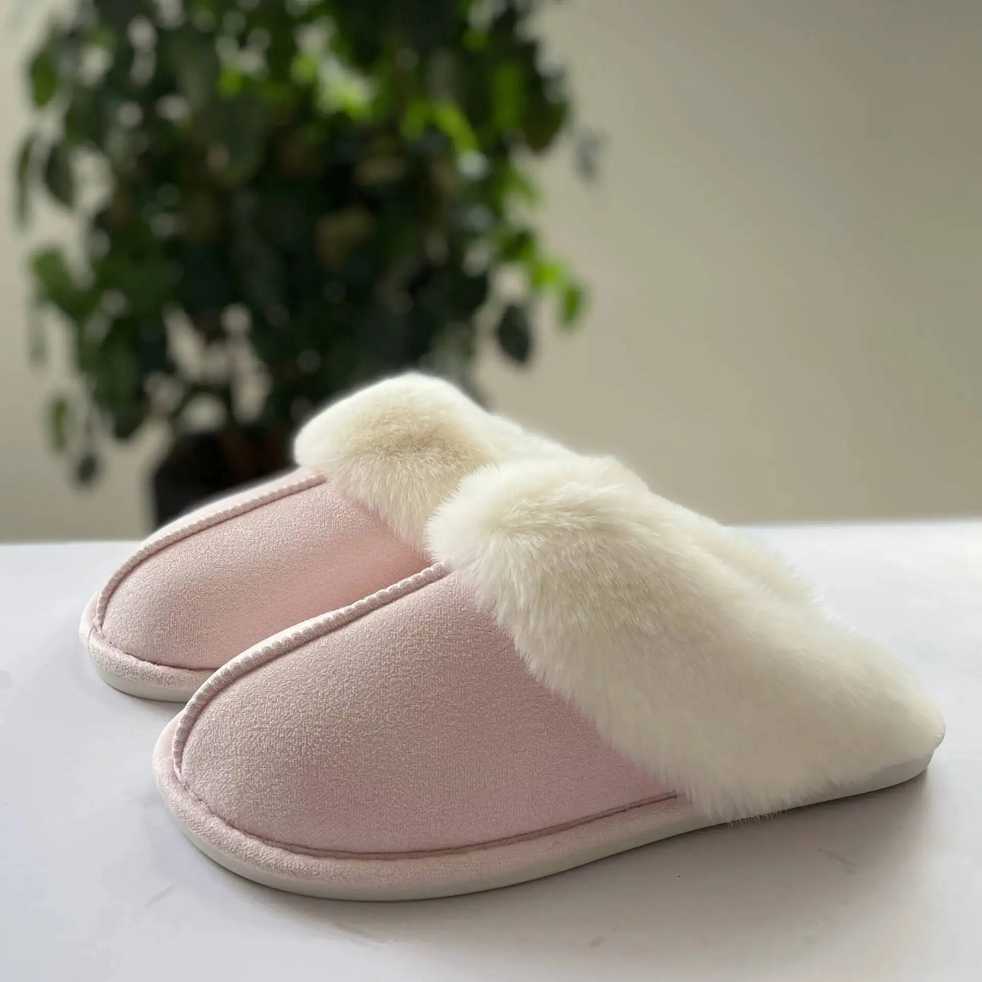 

Women Household Slippers Furry Round Toe Home Slippers Flat Heel Warm Low Cut Adhesive Cotton Footwear