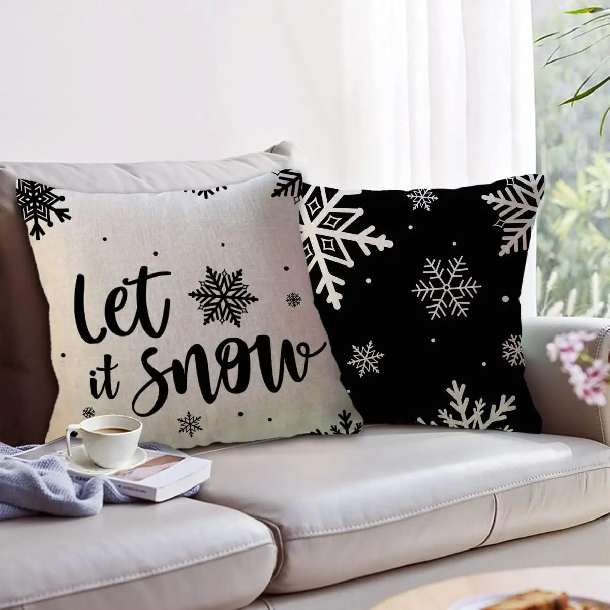 Winter Holiday Decoration Pillow Cover Black Christmas Decoration Snowflake Tree Decoration Cushion Cover Suitable for Sofa