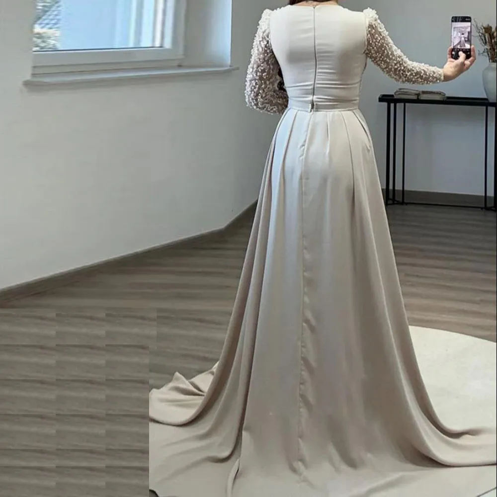 فساتين سهرة مطرزة حسب الطلب مع ذيل قابل للانفصال ورقبة على شكل V وأكمام طويلة فستان رسمي من الساتان حورية البحر لحفلات الزفاف #3