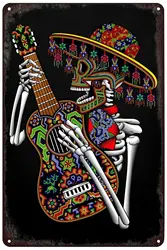 Vintage Metal Signs - Mexican Skeleton Playing Guitar Poster Mexico Day of The Dead Skull Tin Sign Wall Art Decor Plaque for Ho