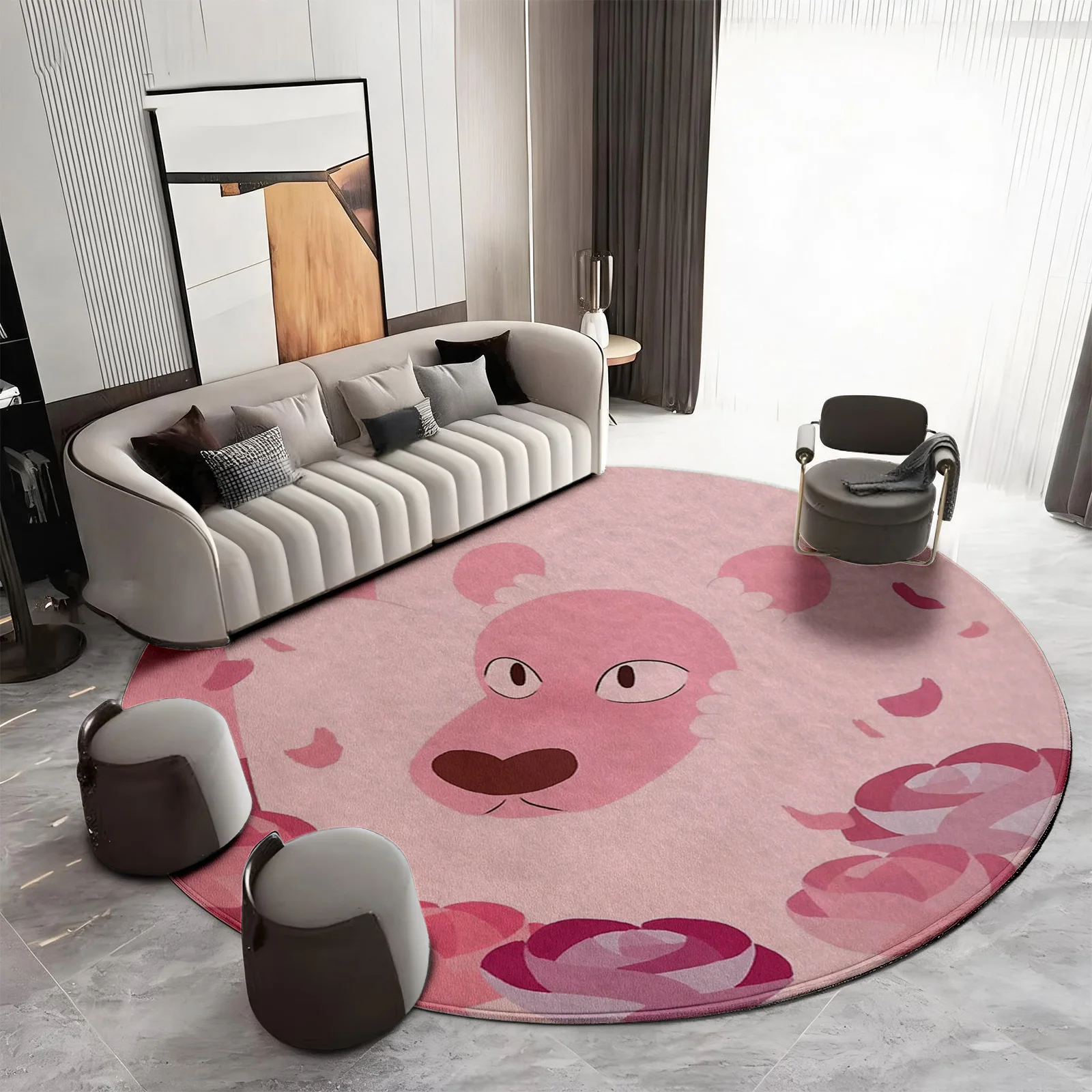 Round Pink Lion Print Area Rug Cute Nursery Kids Floor Mat Boho Living Room Decor Pet Friendly Soft Carpet