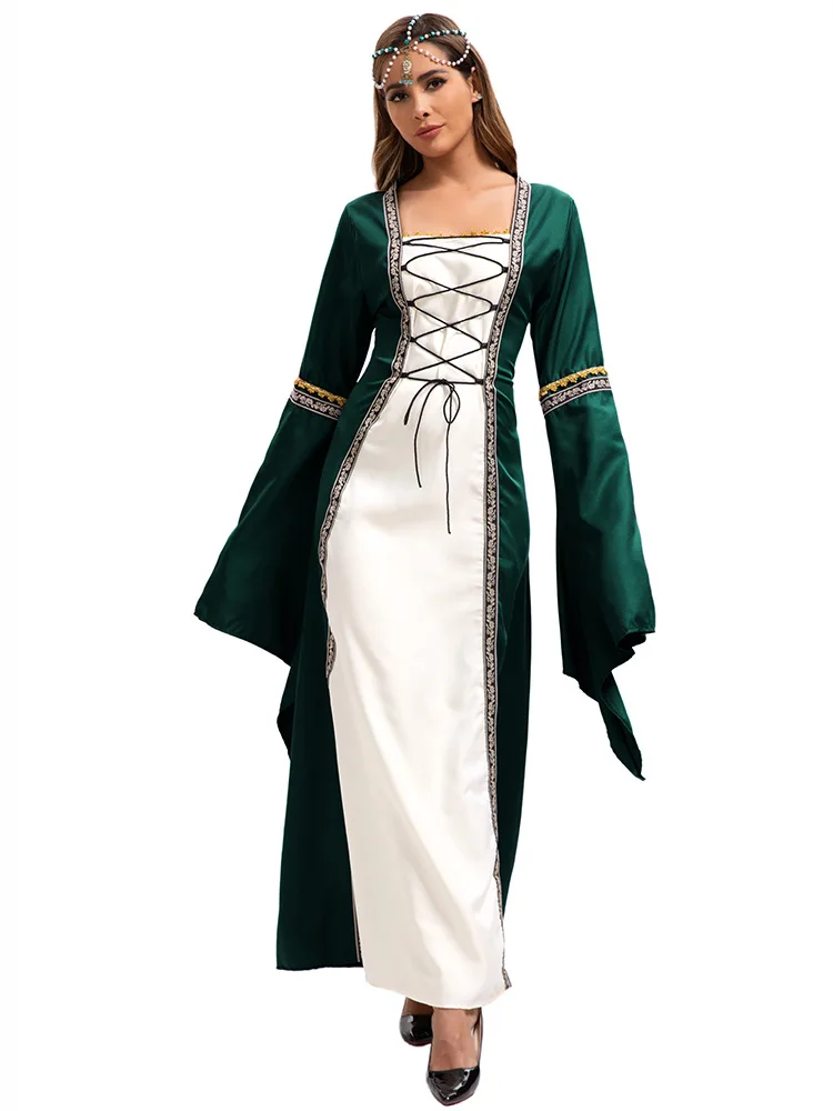 هالوين الإناث المحكمة القرون الوسطى الأوروبية الخيال مصاص دماء تأثيري حلي كرنفال خمر فستان أنيق بأكمام طويلة