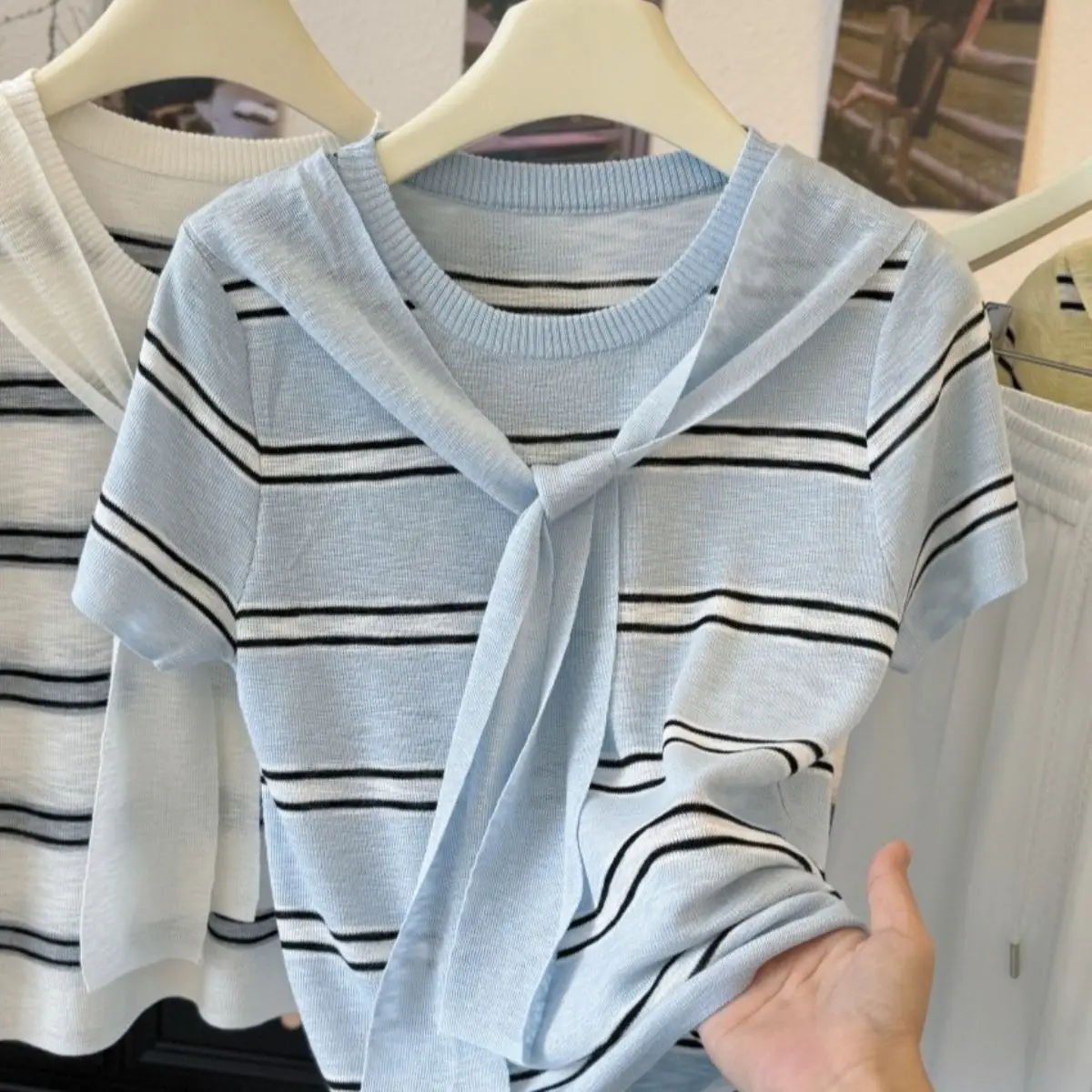 

Женская летняя лоскутная полосатая тонкая футболка с коротким рукавом, шикарные винтажные пуловеры с круглым вырезом и бантом