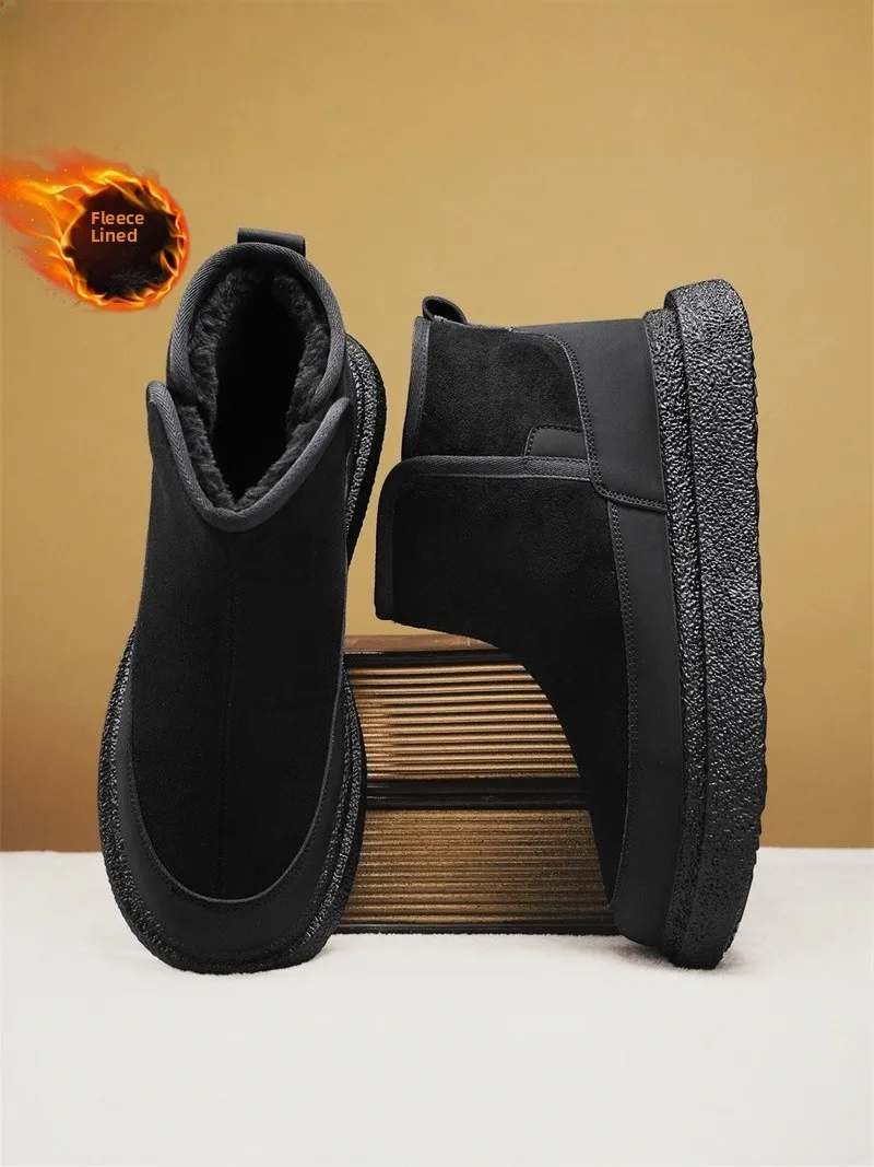 Men's Winter Thickened Fleece Lined Snow Boots Bread Style Leather Fur Integrated Warm Cotton Shoes Low Heel round Toe Boots