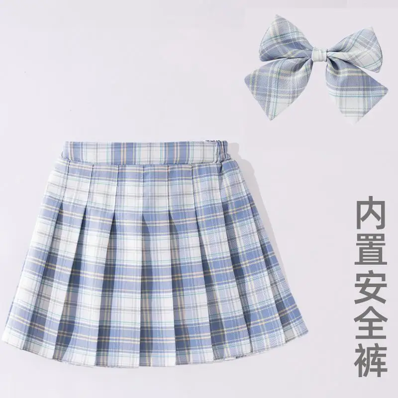 Teen Girls Checkered Skirt Children College Style Clothing Spring Summer Kid Fashion JK Striped Pleated Skirt+Bow Tie 3-12 Years