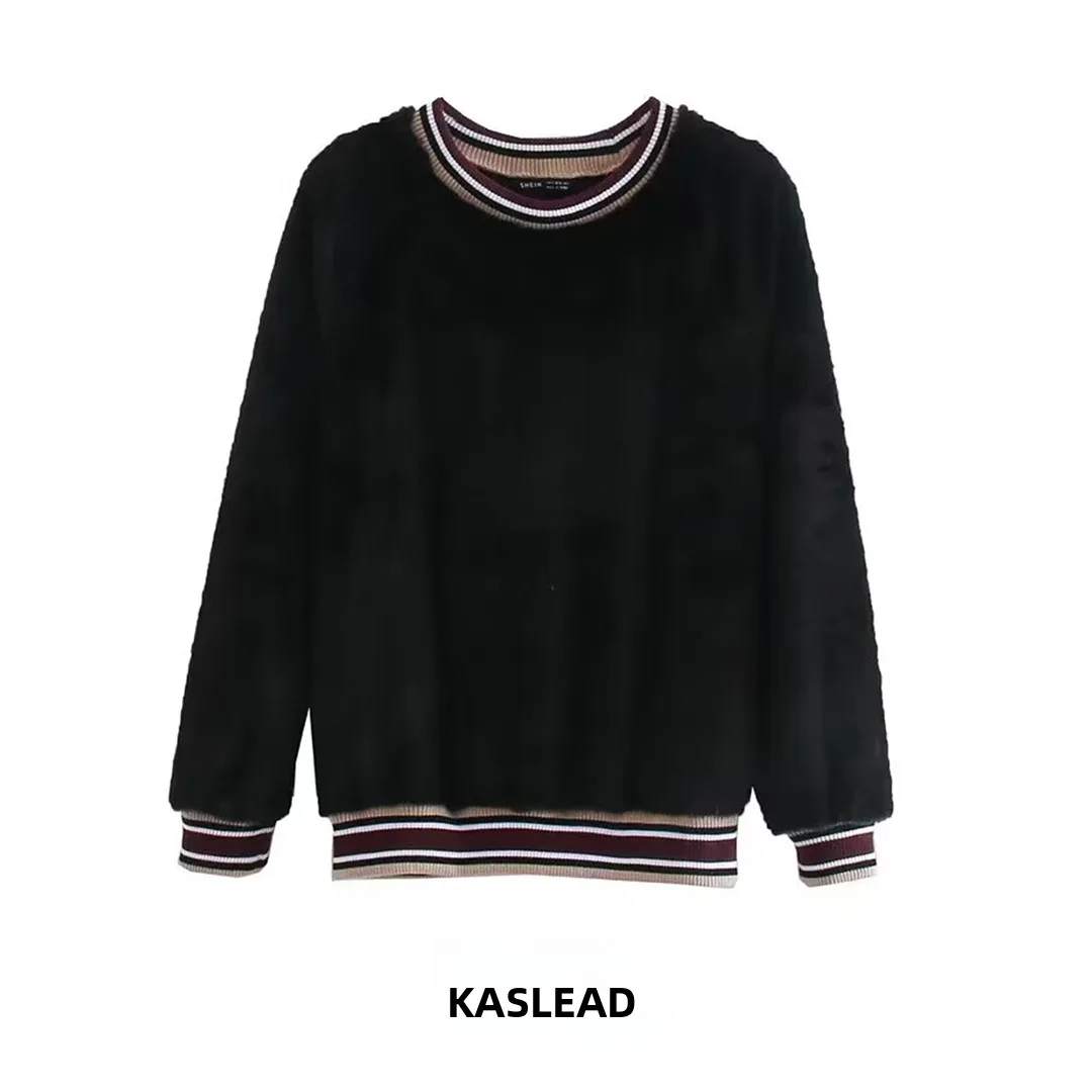 KASLEAD New Women's Fashion Simple Color Block Stripe Collar Hoodie Long Sleeve round Neck Pullover Polyester Fiber Commute S...