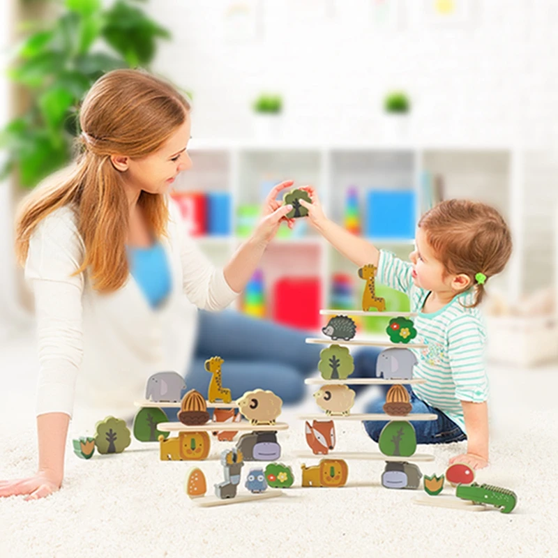 Montessori Holz gestapelt Baustein Spielzeug Cartoon Tier Balancing Block Baby frühe Bildung Lernspiel zeug Geschenke für Baby