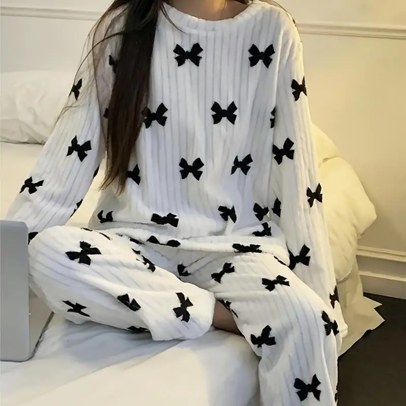 Long Sleeves Bow Thicken Flannel Pajamas Home Wear 2 Pcs Shirt&pants Nightwear Loungewear Autumn Winter Warm Comfy Nightwear