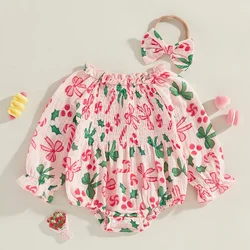 Baby Girls Christmas Smocked Rompers Candy Cane Bow Print Bubble Jumpsuits with Headband Xmas Outfits Newborn Clothes