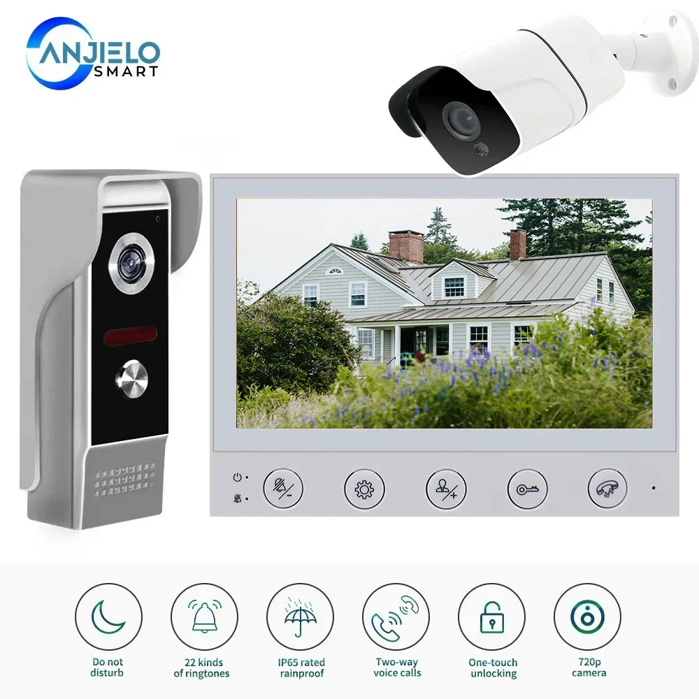 Anjielo 7 Inch Home Video Intercom System Kit Outdoor Doorbell with Camera Infrared Night Vision Waterproof Doorbell