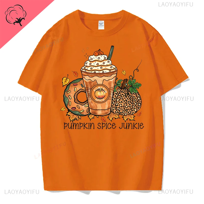 Pumpkin Spice Junkie Hallowmas Graphics Cotton T Shirt Fashion Streetwear Short Sleeve Man Tshirt Hipster Breathe Women Tees