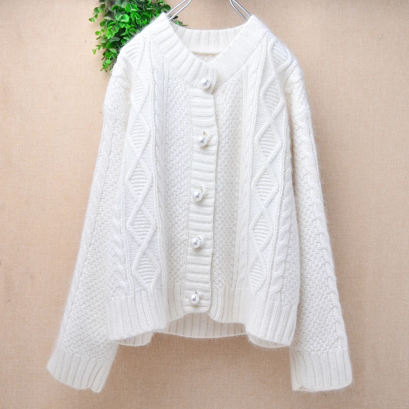 

Women Mujer Autumn Winter White Hairy Angora Rabbit Hair Knitted Jacquard Long Sleeves Loose Cardigans Sweater Jacket Coat Pull