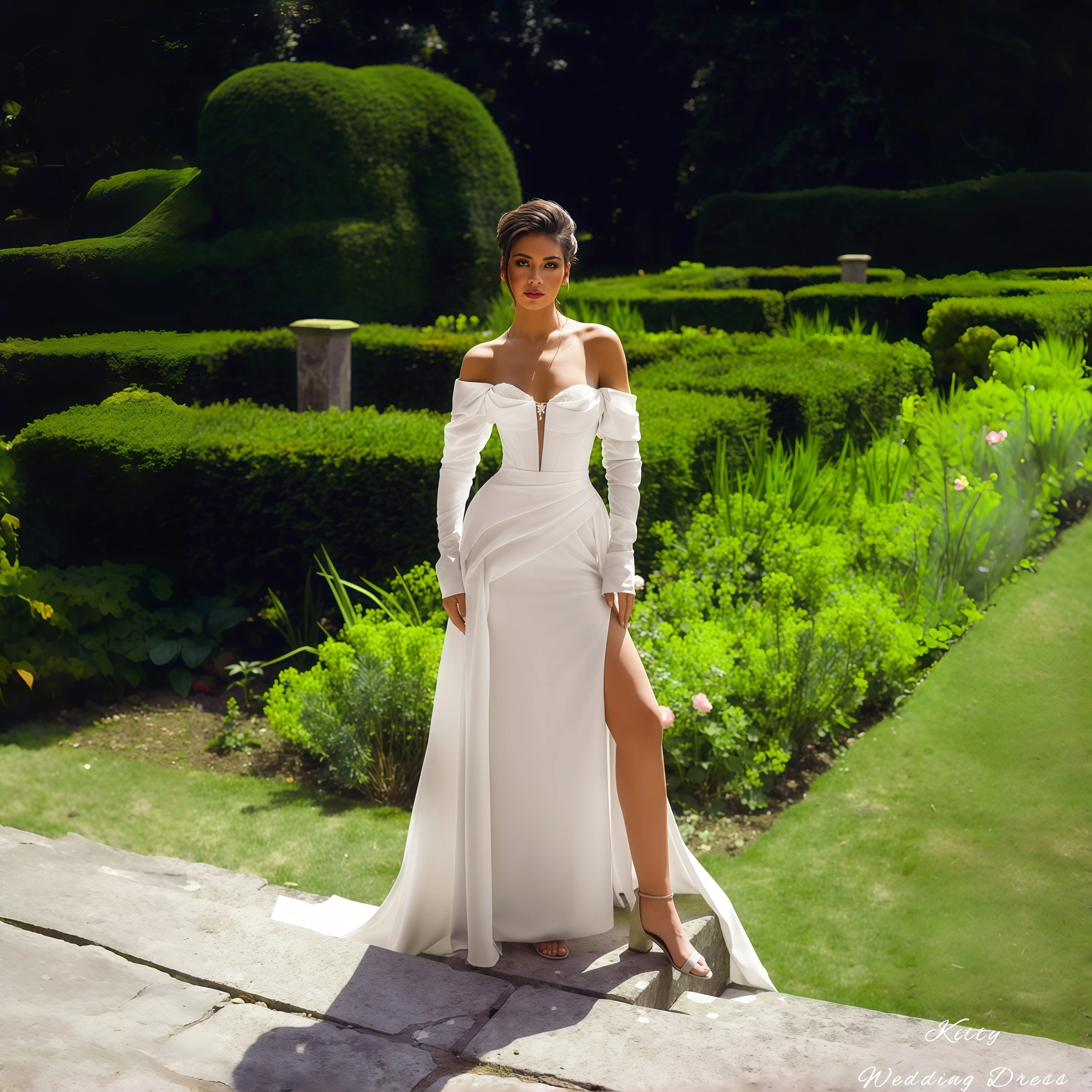 

Kitty Customized Modern Wedding Dress Off-the-Shoulder 2026 Deep V-Neck Long Sleeves Satin High Slit A-Line Train Bridal Gown