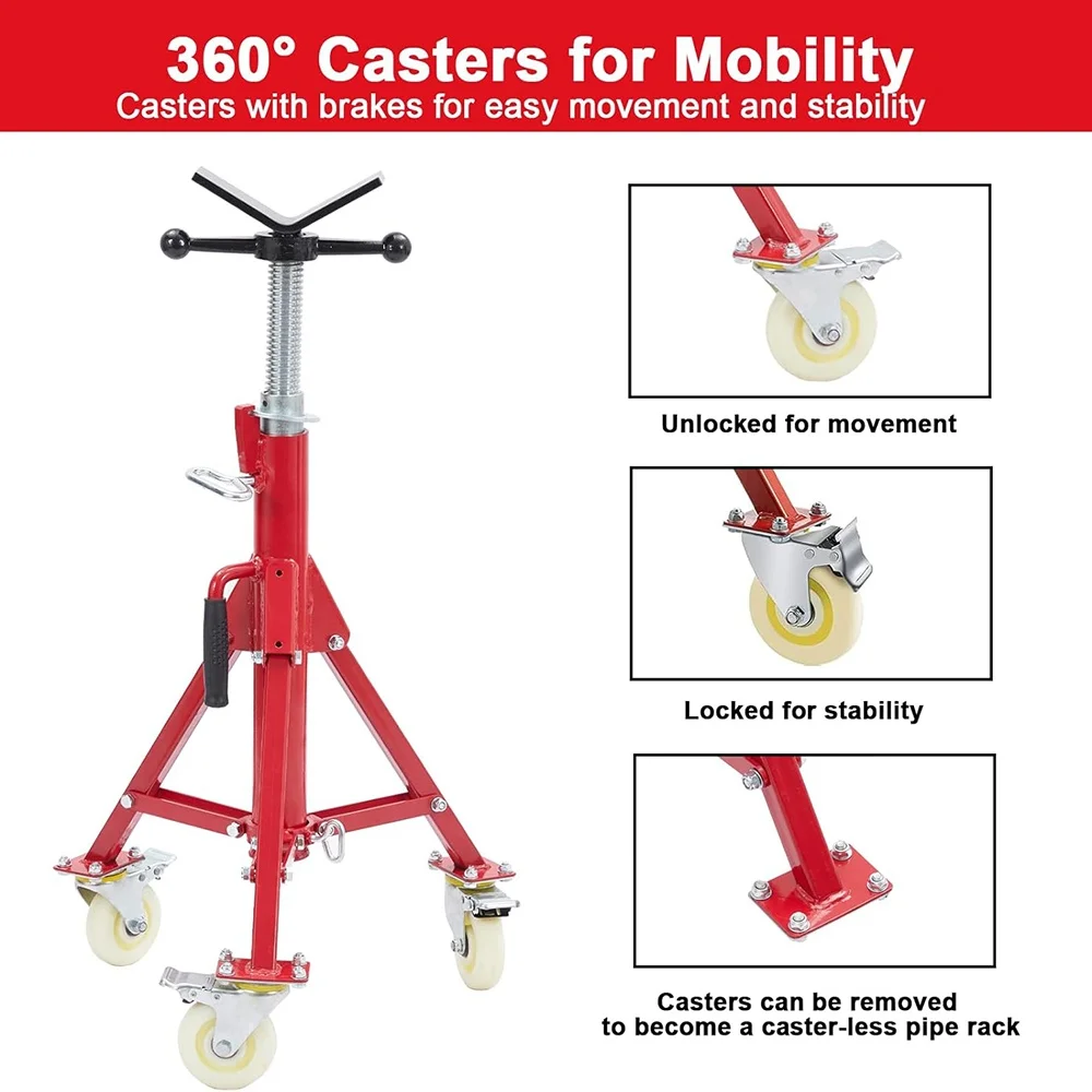 Pipe Jack Stand with Casters 28-52 Inch Adjustable Height V Head Folding Pipe Stands 1100Lb Capacity 1/8 to 12 Inch Pipe Support