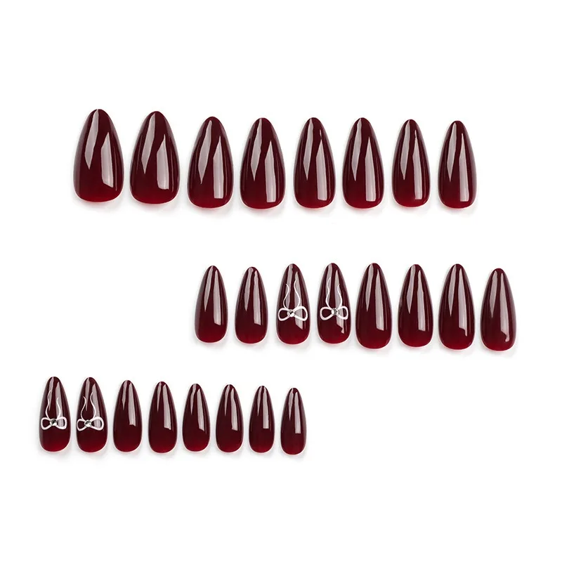 24Pcs/Set Burgundy Press on Nails Art Valentine's Day Bow Dot Diamonds Wearable False Nails Removable Reusable Almond Nail Fake