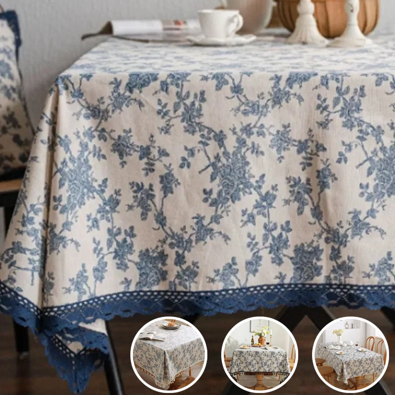 

Retro Linen Cotton Tablecloth Washable Coffee Dinner Blue and White Porcelain Table Cloth for Christmas Wedding Banquet