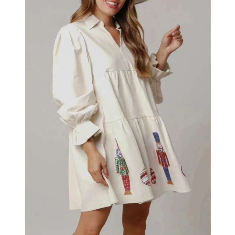 Vestido plisado de lentejuelas de Navidad para mujer, manga larga, temperamento, ropa femenina para viajes, vestidos casuales sueltos para mujer, nuevo otoño