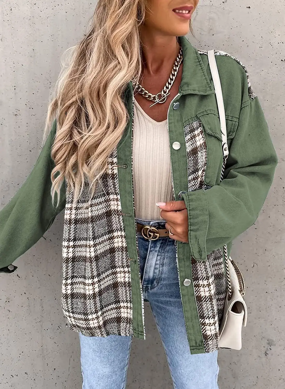 Autumn and Winter Long Sleeved Plaid Color Block Shaking Button Shirt Collar Denim Jacket for Women