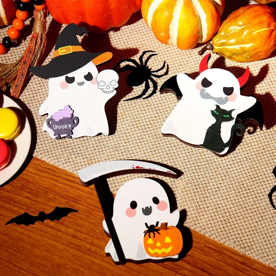 ของตกแต่งฮาโลวีนรูปผีตลก 3 ชิ้น ของตกแต่งภายในบ้านสุดหลอนสำหรับวางบนโต๊ะและถาดวางของ ของตกแต่งฟักทองรูปผีน่ารักสองด้านสำหรับงานปาร์ตี้หรือตกแต่งบ้าน