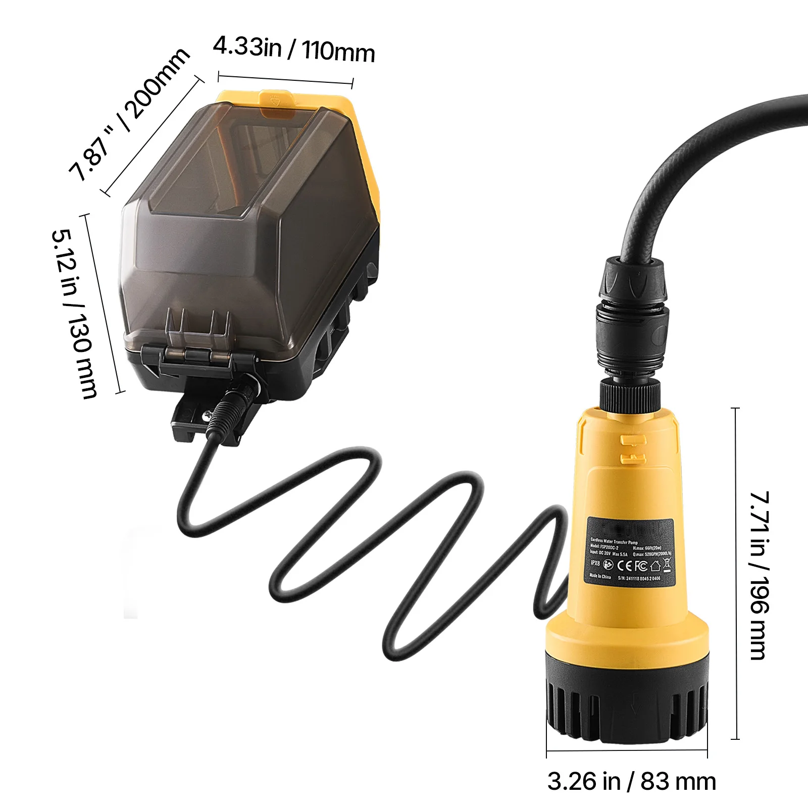 SucceBuy draadloze dompelpomp 528GPH en G3/4" tuinslang compatibel met Dewalt 20V MAX batterij (geen batterij)