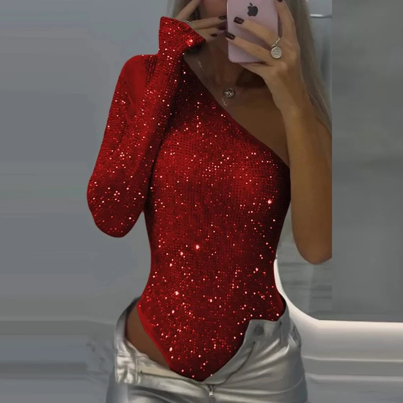 Women Elegant Shiny Sequins Asymmetrical Party Jumpsuit Fashion Hollow Out Slim Club Romper Sexy One Shoulder Sleeve Bodysuits
