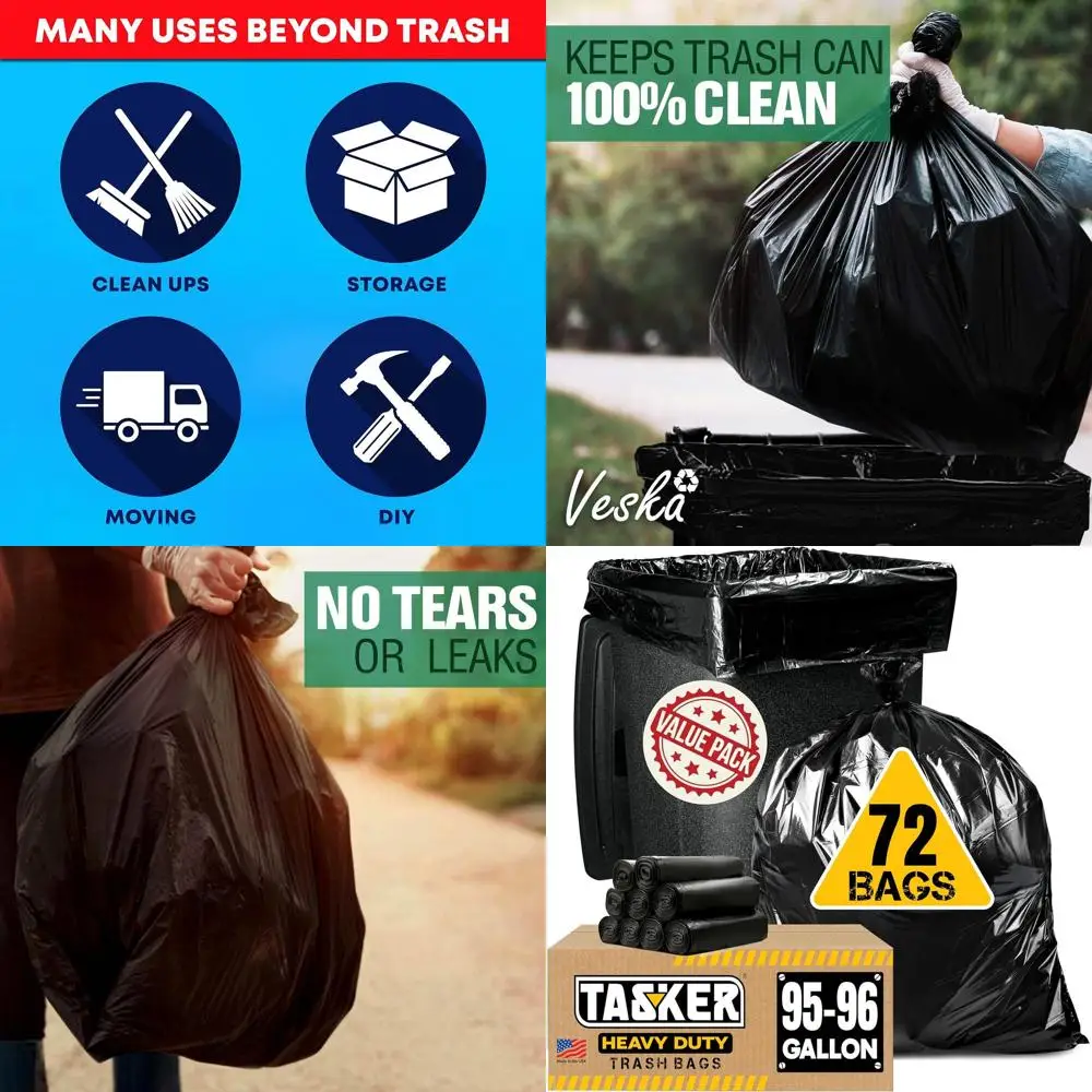 

Сверхбольшие сверхпрочные черные мешки для мусора объемом 95 галлонов, экономичная упаковка из 72 штук, подходят для контейнеров объемом 90-100 галлонов.