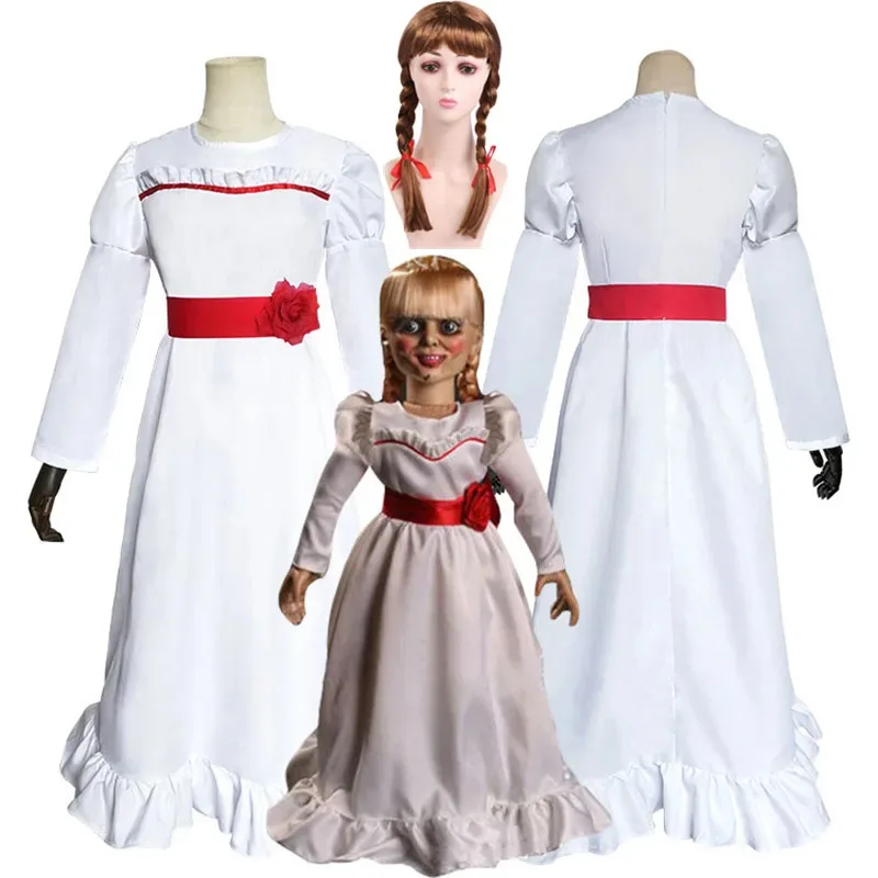 

Adult Kids Horror Bride of Chucky Annabelle Cosplay Costume Dress Conjuring Doll Mask Women Girls Evil Halloween Clothes