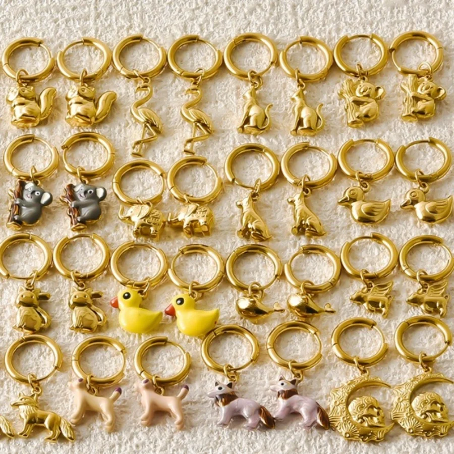 Gold Plated Animal Earrings Stainless Steel Squirrel Koala Duck Cat Fox Flamingo Drop Earring Cartoon Jewelry for Girls Gift