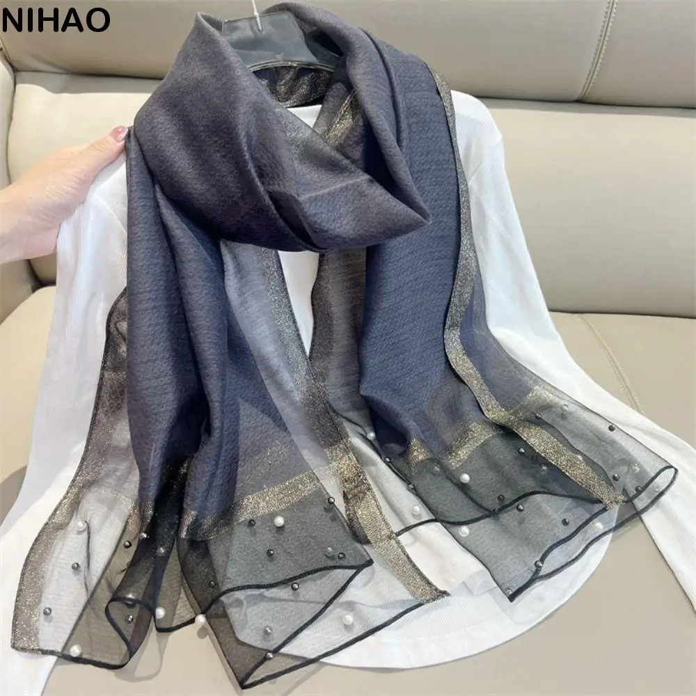 

Luxury Pearls Silk Scarf Shawls Transparent Sunscreen Mesh Neck Scarves Neckerchief Korean Style Bride/Bridesmaid