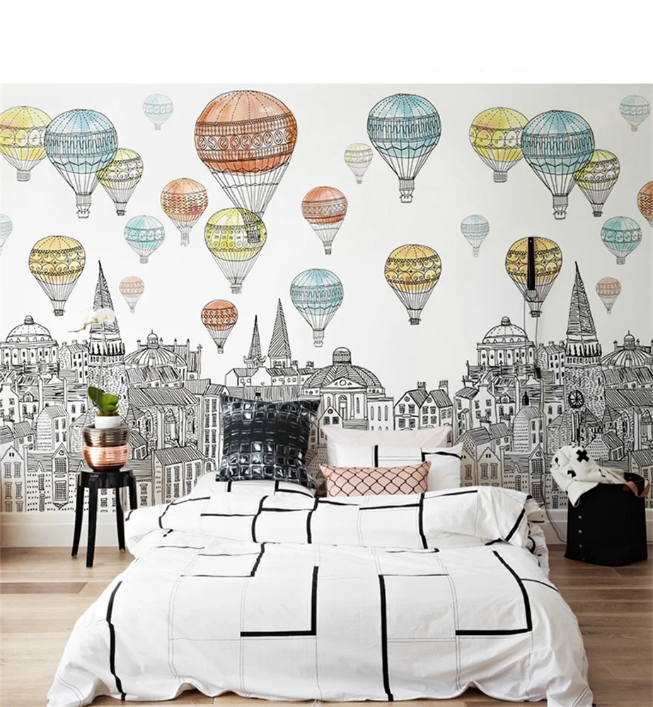 

ome decor Customized 3d wallpaper mural Hot air balloon castle children's background wall papel adhesivo para muebles