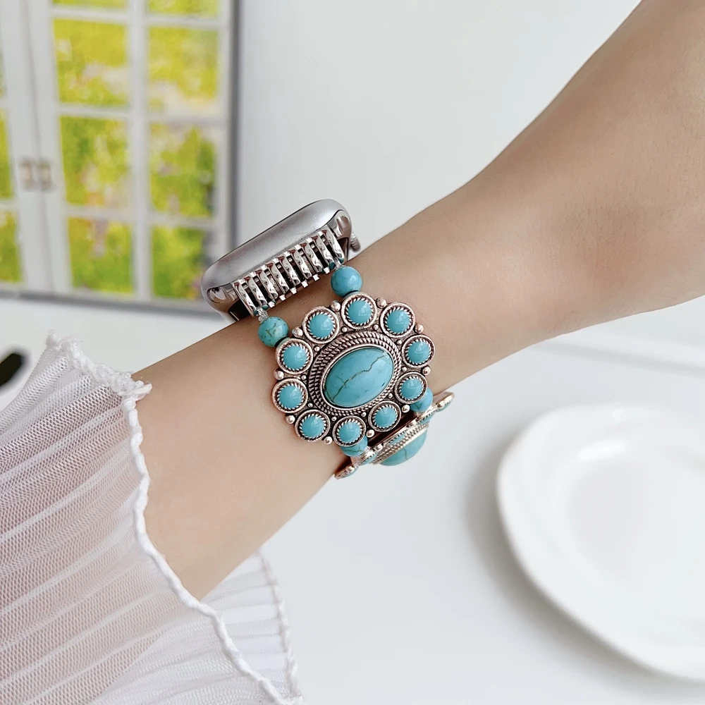 

Bracelet Becorative Fancy Stone Metal Link Design Elastic Watchband Correa For Apple Watch Band women strap