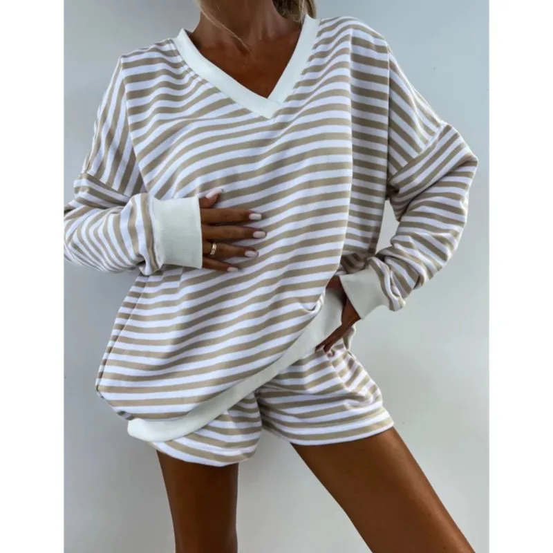 Women Fashion Stripe Print Pajama Suitautumn Spring V-neck Batwing Sleeve Loose Sweatwear & Shorts Set Casual Two Piece Sets