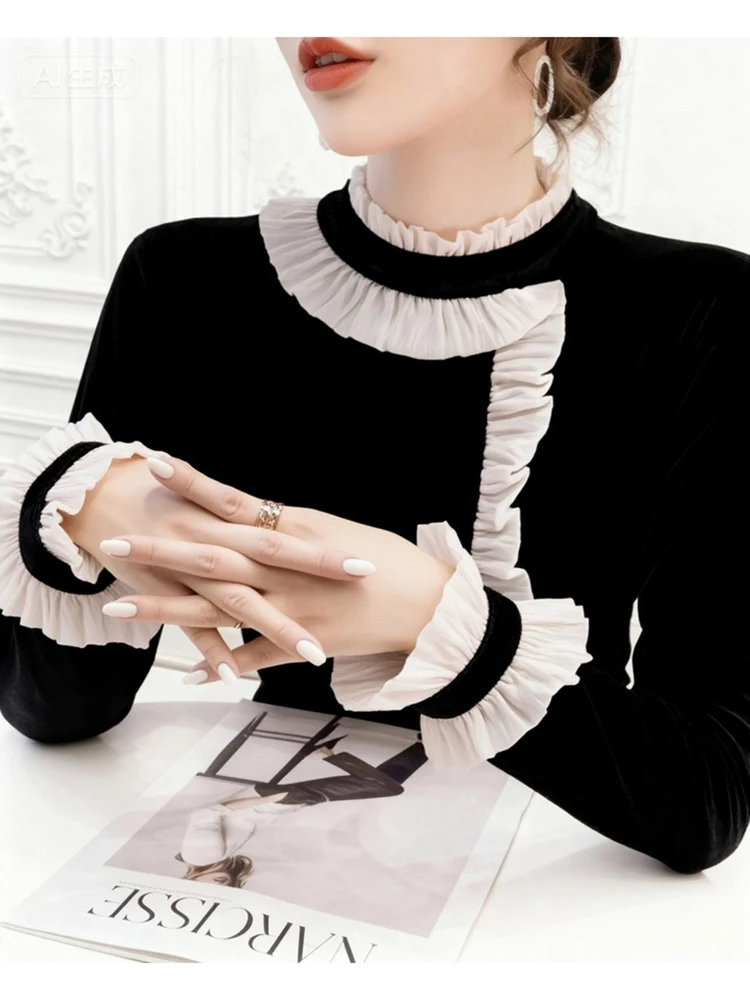 Elegant Black Velvet Shirt Half High Collar Lace Trim Fashionable Mysterious Ladylike Top for Autumn Winter Straight Cut Long...