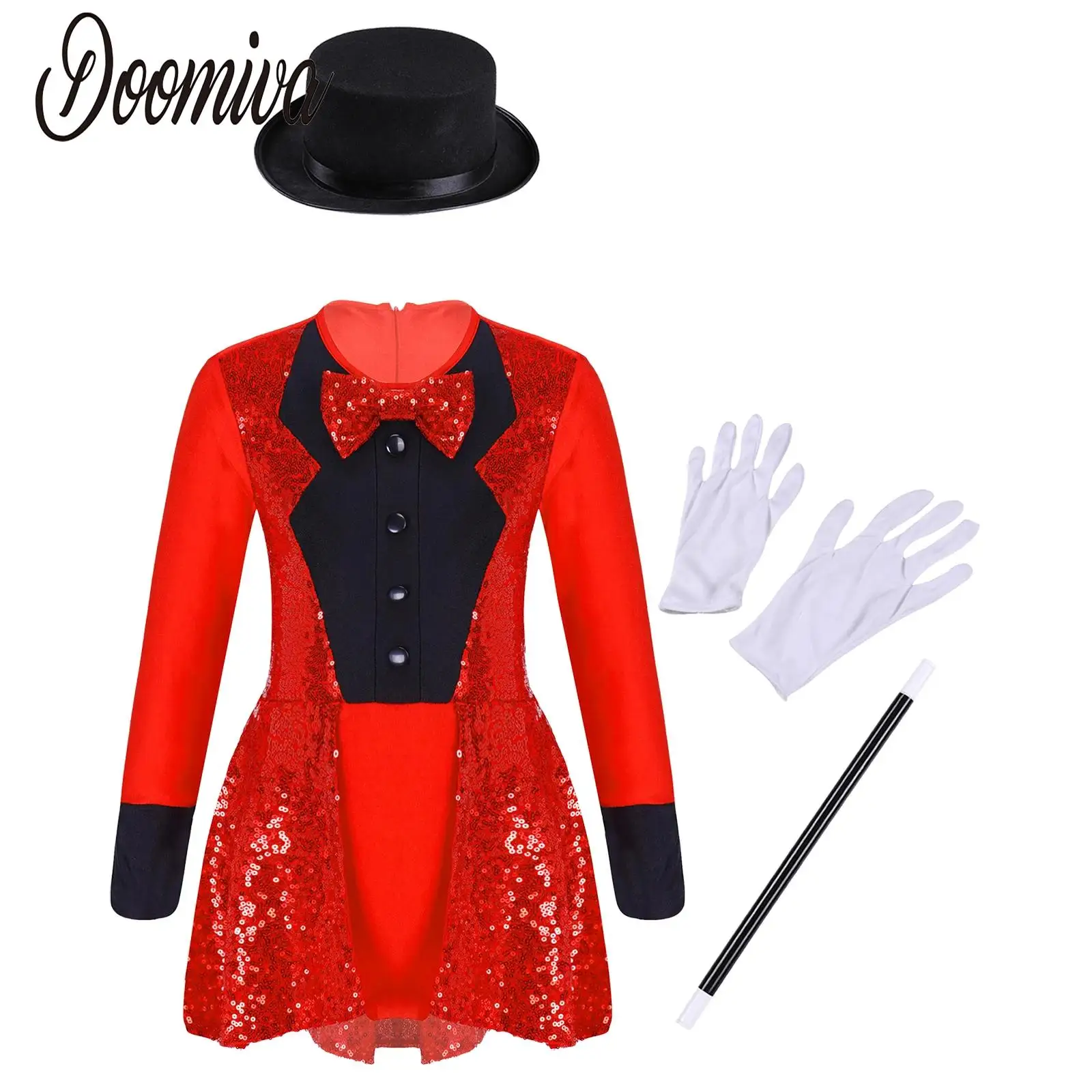 

Kids Girls Magician Halloween Costume Circus Ringmaster Cosplay Clothes Shiny Sequin Leotard Dress with Hat Magic Wand Gloves