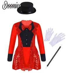 Girls Magician Halloween Costume Circus Ringmaster Cosplay Clothes Shiny Sequin Leotard Dress with Hat Magic Wand Gloves