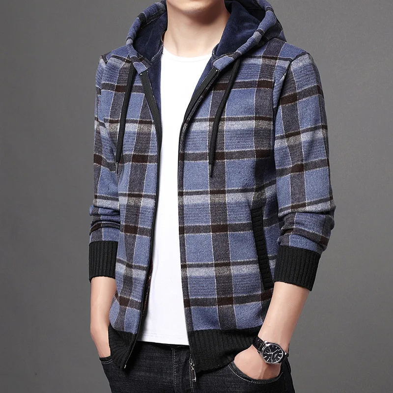 

2025 Мужской клетчатый повседневный свитер-кардиган с капюшоном