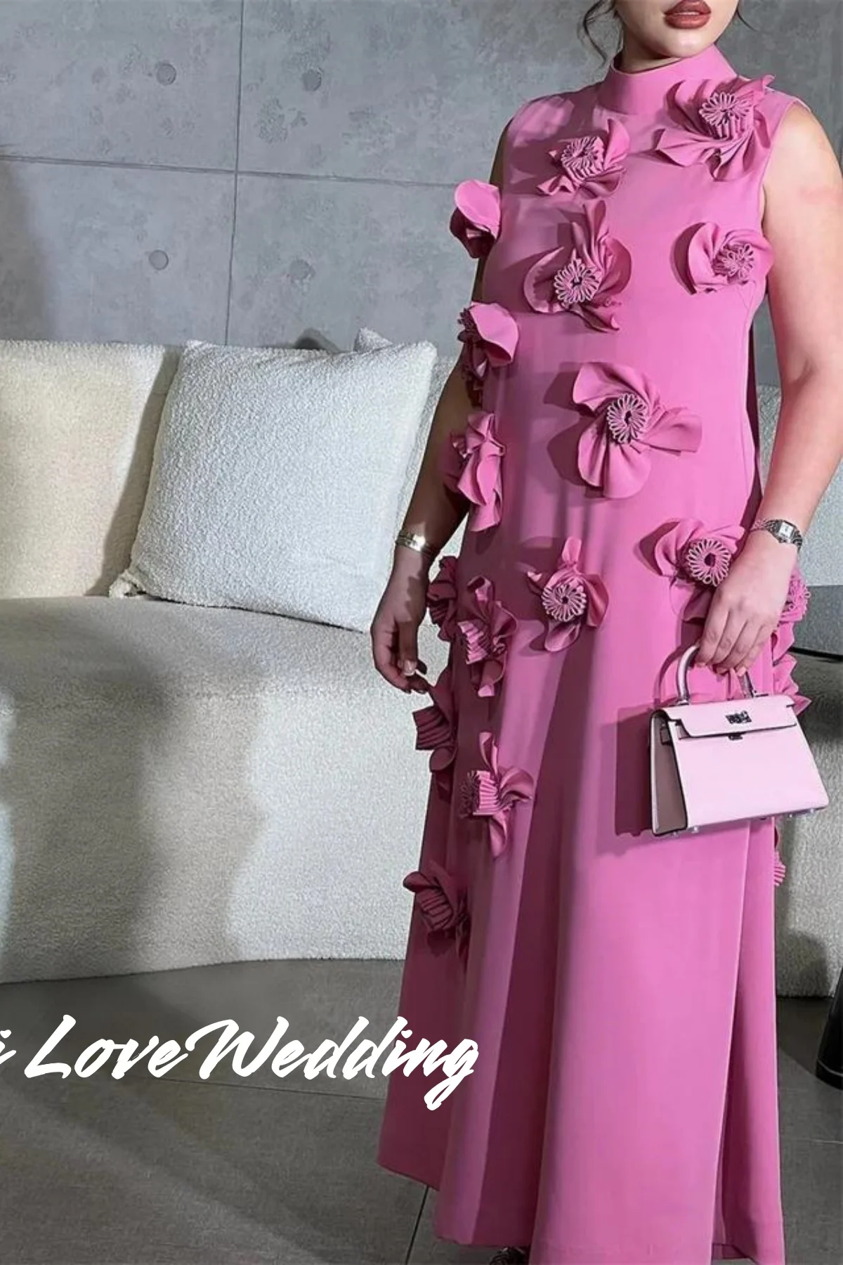 Pink High Neck Evening Dress 2025 Sleeveless A-Line 3d Flowers Ankle-Length Prom Dress Pleated Wedding Party Dresses Customized