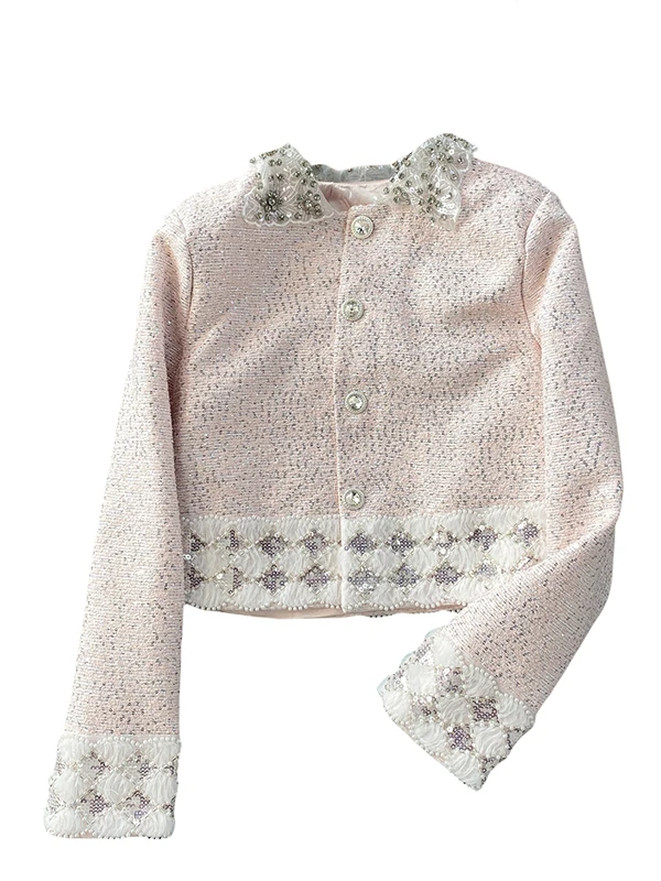 Ele Diamond Embedded Doll Collar Jaet Women's Luxury iny Sequin Personali Top French Sle Slim Fit Long Sve Coat