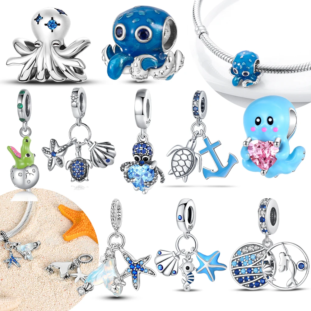

Original Blue Octopus Heart Crocodile Turtle Beads Charm Fit Bracelet 925 Silver Women Valentine Day Fine Gift Accessory Jewelry