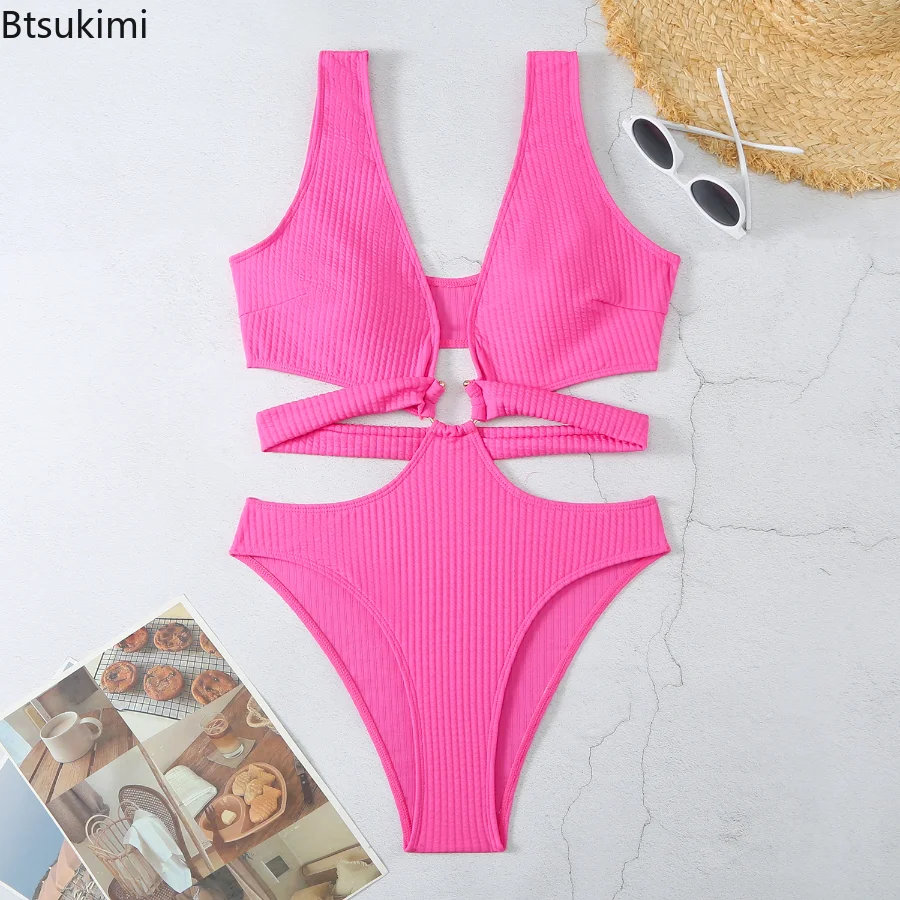 Zomer strand sexy bandage uitgehold eendelig badpak met cirkeldecoraties effen kleur badmode badpak dames bikini