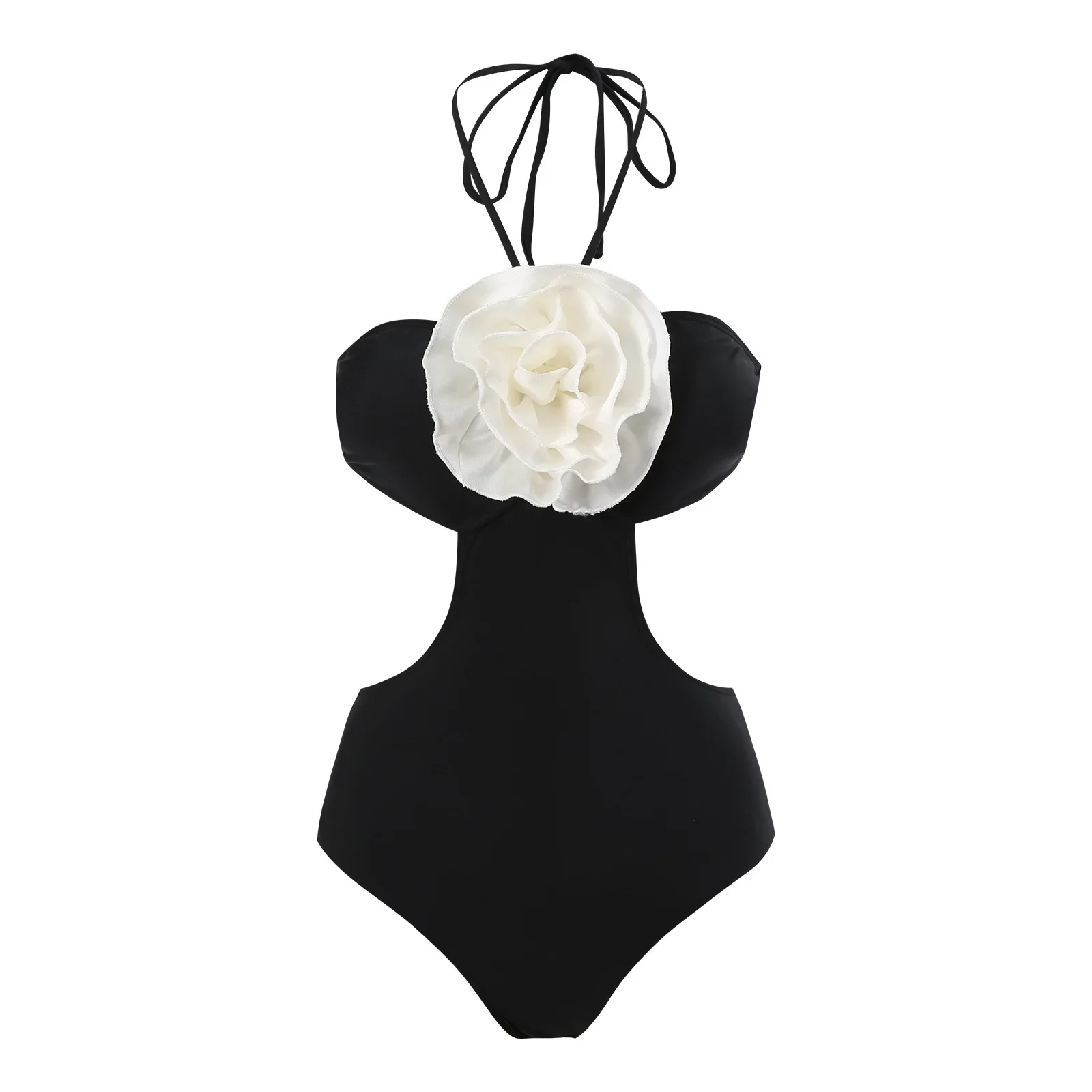 sexy 3D white flower cut out swimsuit one piece black bikini padded thong swimwear female bathing suit biquini bodysuits